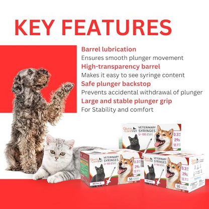 U-100 Pet -Veterinary Syringe 29G x 1/2" (12.7mm), 0.3ml (0.3cc) | Size 0.3 ml/cc, 50/bx, for Dogs & Cats, Veterinary Use Only, Half-Unit Markings, Clear Barrel, Fine Tip