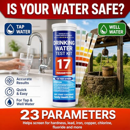 Water Test Kit for Drinking Water, 23-in-1 Water Test Strips for Tap & Well Water, Tests Hardness, Lead, Iron, Copper, Chlorine, Fluoride, pH, Nitrate & More, Fast Home Water Testing, 155 Strips