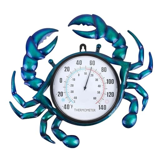 14" Crab Outdoor Thermometer, Decorative Wall Thermometers | Metal Indoor Thermometer No Need Battery, Easy to Read for Patio Garden Living Room Decor - color: Blue Crab