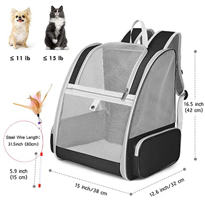 Cat Backpack Carrier, Pet Carrier Backpack with Kitten Wand Feather Toy for Medium Small Dog Cat Puppy Kitty Bunny up to 15lbs, Large Ventilated Mesh Cat Bookbag for Travel Walking Outdoor Use (Black) - color: Black