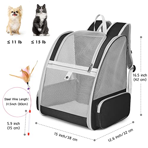 Cat Backpack Carrier, Pet Carrier Backpack with Kitten Wand Feather Toy for Medium Small Dog Cat Puppy Kitty Bunny up to 15lbs, Large Ventilated Mesh Cat Bookbag for Travel Walking Outdoor Use (Black) - color: Black