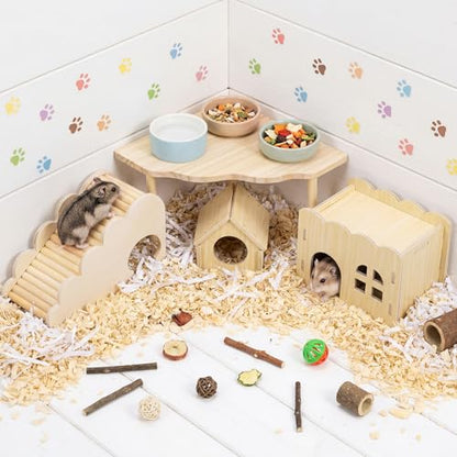 BreezeHug 4 Pcs Hamster Cage Accessories Hamster Platform Hideout Wooden Tunnel Ladder Playhouse Game Climbing Toy with Platform for Pets Dwarf Syrian Mice Degus Gerbils Squirrel(Wave House) - style: Wave House