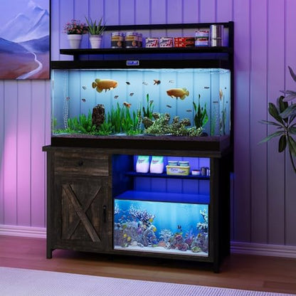 55-75 Gallon Fish Tank Stand with Storage, Aquarium Stand with Shelf, Oak | 49.2 x 19.7 In Top, Upper Shelf, LED Light, 2 Outlets, 2 USB Ports, Metal Frame Support, Turtle Tank Stand, 1100 LBS - color: Oak