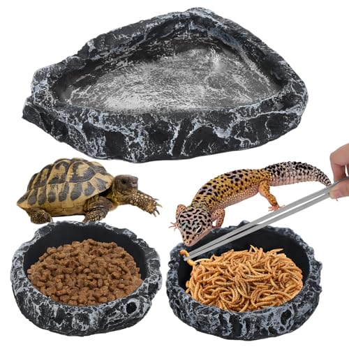 4 Pack Reptile Feeding Dish Reptile Food Water Bowl with Reptile Feeding Tongs Reptile Plate Dish for Feeding Tortoise Dragon Leopard Gecko Lizard, Black