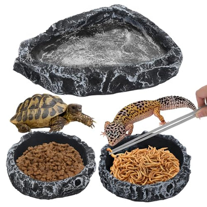 4 Pack Reptile Feeding Dish Reptile Food Water Bowl with Reptile Feeding Tongs Reptile Plate Dish for Feeding Tortoise Dragon Leopard Gecko Lizard, Black