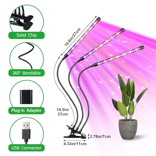 LED Plant Grow Light, Suitable for Indoor Plants, Full Spectrum Clip on Plant Growing Light with Red, Blue, Yellow Beads, 10 Brightness Levels, 3 Light Modes, 3/9/12H Auto Timer, 3 Head - size: Red+Blue+Yellow-3Head 1Pack