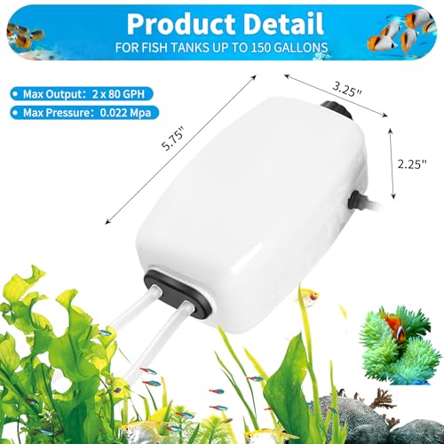 AQUANEAT Aquarium Air Pump for 20-210 Gallon Tank, Fish Air Bubbler, Hydroponic Oxygen Aerator with Stones, Airline Tubing, Check Valves - size: 100-150 Gallons