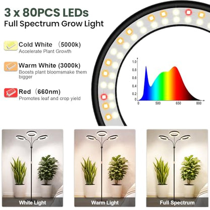 LBW 3-Head Grow Light with Stand for Indoor Plants, Full Spectrum Grow Light for Tall Large Plants, Adjustable Height up to 68", Auto Cycle Timer 6/8/12/16H, 5-Level Dimming, 3 Lighting Modes, Black - size: 3 Head 6.3" Black
