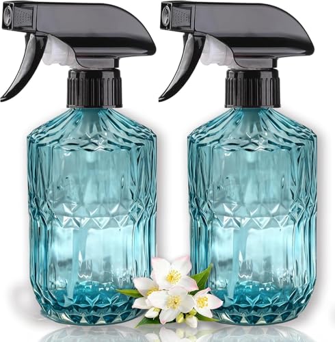 2pack Glass Plant Mister Spray Bottle 360° Nozzle for Hair Cleaning Blue | 3 spray modes, fine dew-like mist, thick glass, visible water level, 15oz Mister Spray Bottles for cleaning hair pets - color: Blue