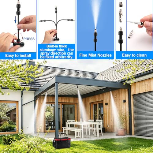Misting System, Portable Misting System | with 20FT/6M Hose, 20L Water Bucket, Water Pump, Filter, Nozzles for Outside Patio Cooling, Canopy, Umbrella, Camping