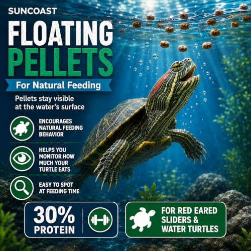 Suncoast Aquatic Turtle Food for Adult Turtles - Floating Pellets with 30% Protein, Calcium, Vitamin E, Omega-3 & Vitamin C, Complete Diet for Red Eared Sliders & Water Turtles - 1.5 lbs - size: 1.5 Pound (Pack of 1)