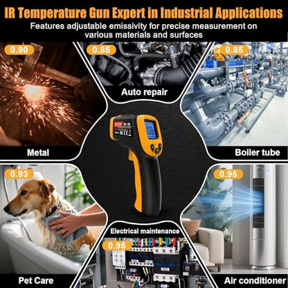 FKM Infrared Thermometer Gun Non-Contact Laser Temperature Gun-58°F~1112°F | Adjustable Emissivity,Digital IR Thermometer Gun for Industrial,HVAC,Automotive,Cooking,Griddle,Pizza Oven,BBQ,Not for Human - color: Black Yellow