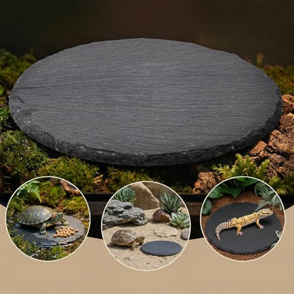 Reptile Basking Platform 6" Round Slate Rock Plate, Natural Tortoise Feeding Bowl Resting Stone for Bearded Dragon Turtle Lizard Gecko