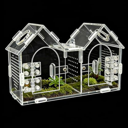 Jumping Spider Enclosure, Acrylic Terrarium with Partition Divider (1-2 Compartments), Dual Magnetic Doors & All-Side Ventilation, Jumping Spiders, Tarantulas, Mantis, GeckosHabitat, 9.6x4.2x5.8