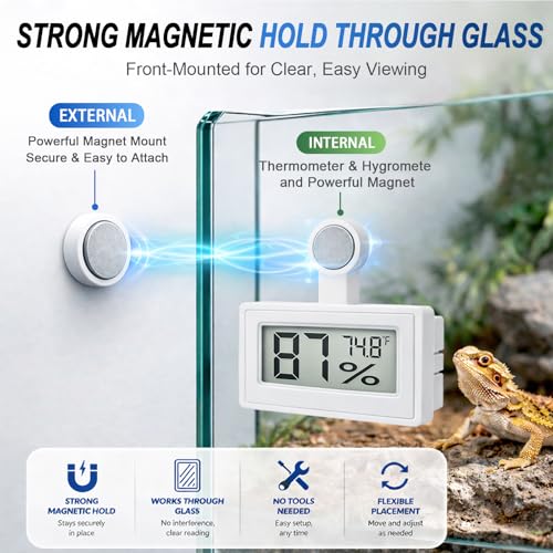 2 Pack Magnetic Reptile Thermometer Hygrometer,Fast-Read °F/°C Digital Temp&Humidity Gauge for Terrarium Tank Enclosure,for Bearded Dragon,Gecko,Snake, Tortoise,Hermit Crab,Jumping Spider (White) - color: White