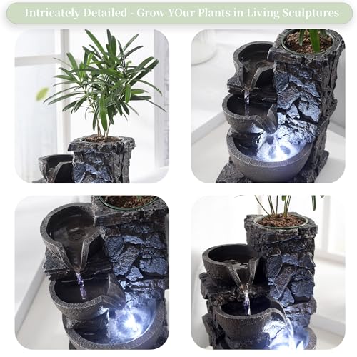 MAOCHI Indoor Tabletop Water Fountain with Planter Pot, Small Desk Waterfall with Cool LED Lights, Zen Decor for Office, Home & Bedroom, Calming Meditation Relaxation Gifts for Plant Lovers