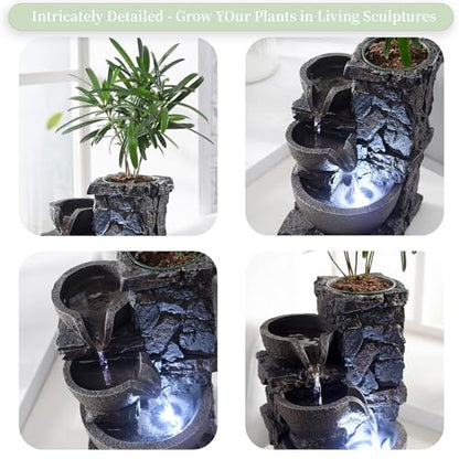 MAOCHI Indoor Tabletop Water Fountain with Planter Pot, Small Desk Waterfall with Cool LED Lights, Zen Decor for Office, Home & Bedroom, Calming Meditation Relaxation Gifts for Plant Lovers