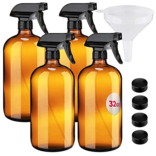 Large 32oz Amber Glass Spray Bottles with Funnel - Refillable Trigger Sprayer Containers for Oils, Cleaning Products, Plant Misting, Cooking, Hair, and Beauty. Includes 4 Bottles and 1 Funnel. - size: 4 Count (Pack of 1)