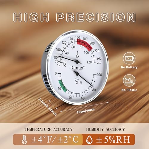4-Inch Aluminum Sauna Thermometer Hygrometer, °F/°C Dual Scale | Aluminum Housing, Anti-Fog Glass, Easy Calibration, Heat & Humidity Resistant, Battery-Free, Fits Steam & Finnish Sauna