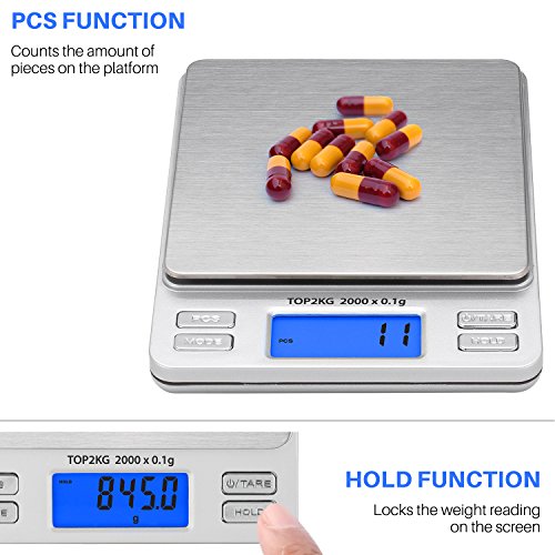 Smart Weigh Pro Digital Pocket Scale – 2000g x 0.1g Precision Gram Scale with LCD Display, 6 Weighing Units, Hold & Count Functions – Includes 2 Trays and Batteries (Silver) - size: 2000 Grams