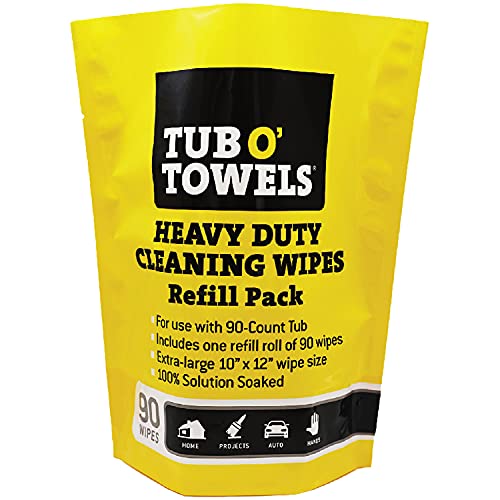 Tub O' Towels Heavy-Duty Cleaning Wipes Refill Pack, Fits 90-Count Canister, Extra-Large 10" x 12" Multi-Surface Wipes for Grease, Grime, and Tough Stains, Convenient Refill for Home, Auto, and More - style: 90 Towel Refill (10" x 12" wipes)