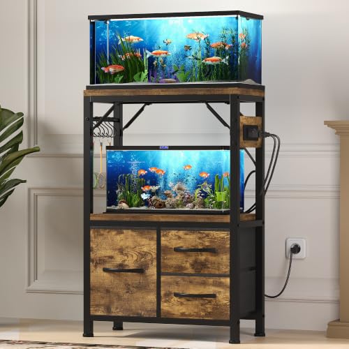 Heybly 5-10Gal Fish Tank Stand with Drawer, Power Outlet,200lbs HAS002SSR-1 | Aquarium Stand,Heavy Duty Metal Frame for Fish Tank, Turtle & Reptile Terrarium, 20.5" × 10.2" Top, Rustic Brown - color: Rustic Brown, size: 5-10 gal