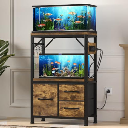 Heybly 5-10Gal Fish Tank Stand with Drawer, Power Outlet,200lbs HAS002SSR-1 | Aquarium Stand,Heavy Duty Metal Frame for Fish Tank, Turtle & Reptile Terrarium, 20.5" × 10.2" Top, Rustic Brown - color: Rustic Brown, size: 5-10 gal