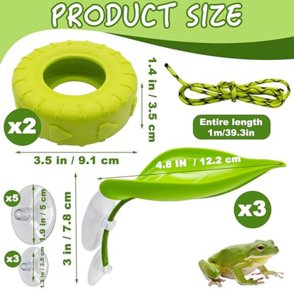 Tree Frog Habitat Toy Plastic Leaf Decorations Tire Swing Habitat Miniature with Suction Cups Frog Habitat Platform Terrarium Decor Accessories for Crested Geckos, Leopard (Green)