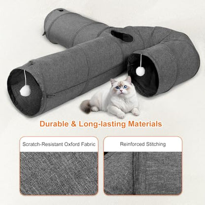 Ownpets 10" Large Cat Tunnel 3-Way U-Shape Oxford Fabric for Large Cat | Silent oxford fabric no noise, expandable 3-channel design, with plush ball ,feather wand, peek hole, for multi-cat household - size: 10 Inches in Diameter