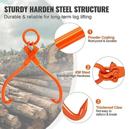 VEVOR Log Skidding Tongs, 18 inch 2 Claw Log Lifting Tongs, Heavy Duty Steel Lumber Skidding Tongs, 772 lbs/350 kg Loading Capacity, Log Lifting, Handling, Dragging & Carrying Tool - style: 18in-O-Ring