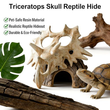 Triceratops Skull Reptile Hide for Bearded Dragons, Dinosaur Skull Terrarium Decor, Resin Cave Hideout for Lizards Snakes, Aquarium Tank Decoration (Large) - size: Large
