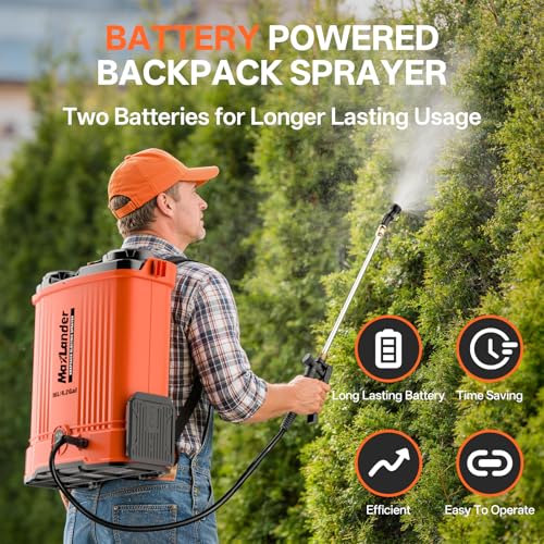 Maxlander 4.2 Gal Battery Powered Backpack Sprayer with 2 x 2.0Ah Battery | 90 Psi Adjustable Pressure, 6 Spray Nozzles, Reach Over 17 Feet, 2 Hours Runtimes, Waist Support