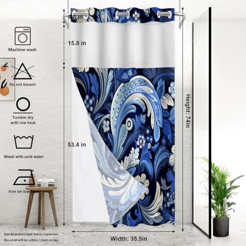 Seamless Paisley Floral No Hooks Shower Curtain with Snap in Liner Set, Damask Blue Paisley Flowers Tub Curtainn Mesh Top Window & Magnetic Hem Waterproof 35.5X74 Inch - color: Blue Damask Blue Paisley, size: 35.4"W x 74"L (Pack of 1)