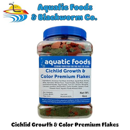 Cichlid Growth & Color Enhancing Flakes for Cichlids, Discus, All Tropicals. Aquatic Foods Premiun Flakes…6oz Med Jar - size: 6 Ounce (Pack of 1)