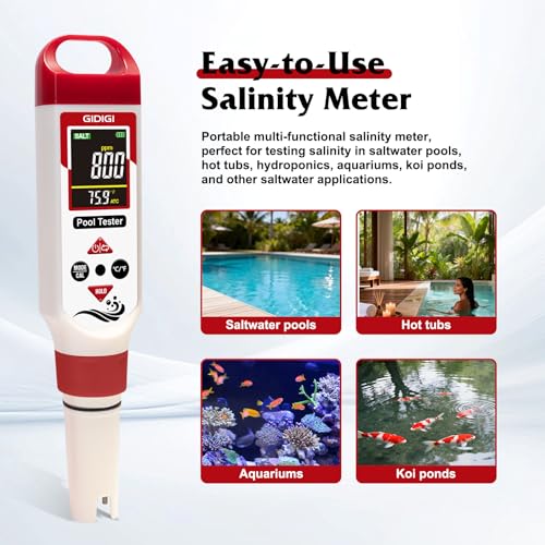 pH Meter Chlorine Tester Digital 7 in 1 Pool Water Tester Kit Salinity Tester for Saltwater Aquarium ORP Meter for Hydroponics Drinking Water Pool Water Tester pH and Chlorine for Pool Spa