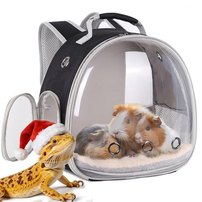 Portable Travel pet Backpack Carrier with Self Warming Pet Bed Set, Guinea Pig Carrier for 2,Reptile Travel Carrier for Lizards Sugar Glider Hedgehog Rat Parrot Birds Breathable Hangbag - color: Black