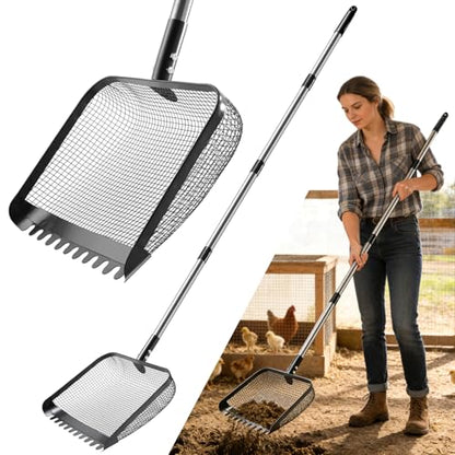 12" Chicken Poop Scooper, Stainless Steel Handle (36–62") | Light weight chicken coop scoop, Litter Scooper & Sand Sifting Shovel for chicken sand, Pet Waste Cleaning