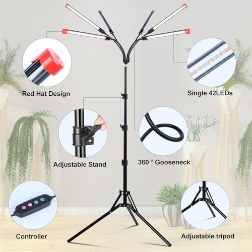 6Head Grow Light with Stand for Tall and Large Indoor Plants, Bonsai Tree, Big Coverage and Bright Plant Growing Lamps, 4/8/12/16/20H Timer, 54 Watt Power Draw, NO Need Adapter, 360° Gooseneck - size: Stand-6Head-54W