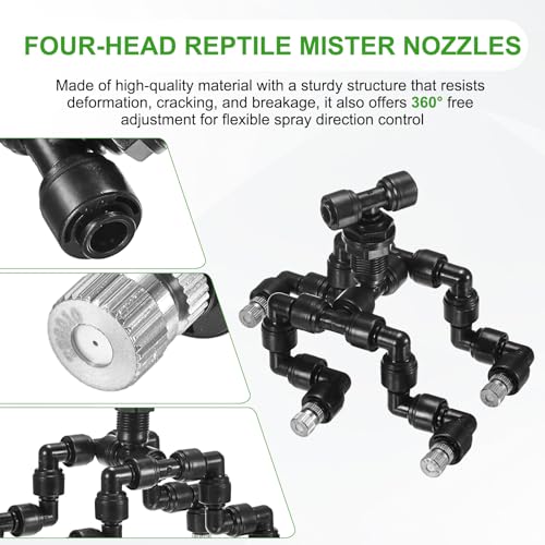 M METERXITY Reptile Mister Nozzles, 0.6mm Pore Copper 1/4" Four-Head Reptile Misting Spray Nozzle with Plug for Terrarium/Vivarium, 360 Degree Adjustable Detachable Nozzles [Black]