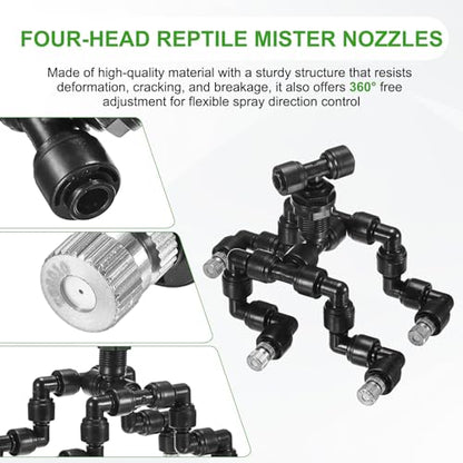 M METERXITY Reptile Mister Nozzles, 0.6mm Pore Copper 1/4" Four-Head Reptile Misting Spray Nozzle with Plug for Terrarium/Vivarium, 360 Degree Adjustable Detachable Nozzles [Black]