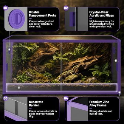 120 Gallon Reptile Tank, 4x2x2 Reptile Enclosure for Bearded Dragon, Snake, Ball Python & Chameleon, Aluminum Alloy Reptile Terrariums Cage with Front Sliding Tempered Glass Doors (Purple) - color: Purple