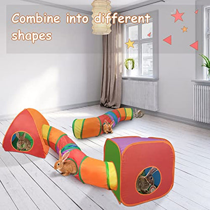 YUEPET Rabbit Tunnel & Cube Tent, Bunny Hideout, Guinea Pig Tunnel, Rainbow | Foldable 3-in-1 Set, Bunny Tunnel, Crinkle Fabric, Play Ball Included, Configurable Shapes, Rainbow Design - color: Rainbow