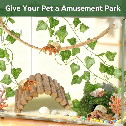 Hermit Crab Accessories, Hermit Crab Climbing Toys, Bendable Rope Bridge Wooden Shell Hideout Hut Plants for Reptile Amphibians Hermit Crab Tank Accessories Supplies