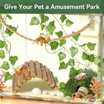 Hermit Crab Accessories, Hermit Crab Climbing Toys, Bendable Rope Bridge Wooden Shell Hideout Hut Plants for Reptile Amphibians Hermit Crab Tank Accessories Supplies