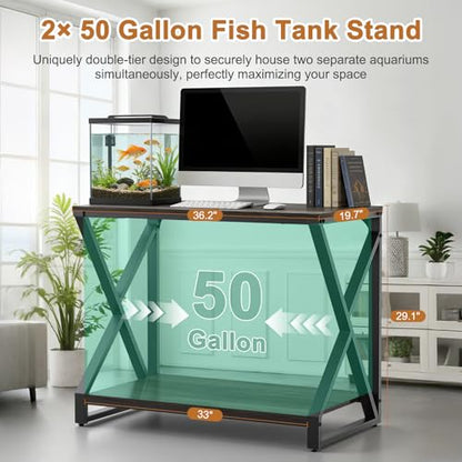 fishkeeper Heavy Duty Metal 50 Gal Aquarium Stand, 36" Lx20 Wx29 H, 720LBS | High Load-Bearing Capacity Fish Tank Stand, 2-Tier Storage Shelves for Reptile/Turtle/Terrarium/Breeder Tank Stand - size: 50 Gallon Without Power Outlet