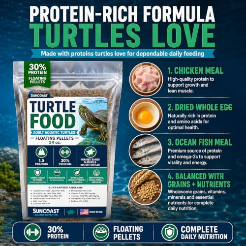 Suncoast Aquatic Turtle Food for Adult Turtles - Floating Pellets with 30% Protein, Calcium, Vitamin E, Omega-3 & Vitamin C, Complete Diet for Red Eared Sliders & Water Turtles - 1.5 lbs - size: 1.5 Pound (Pack of 1)