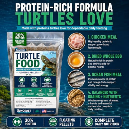 Suncoast Aquatic Turtle Food for Adult Turtles - Floating Pellets with 30% Protein, Calcium, Vitamin E, Omega-3 & Vitamin C, Complete Diet for Red Eared Sliders & Water Turtles - 3.0 lbs - size: 3 Pound (Pack of 1)