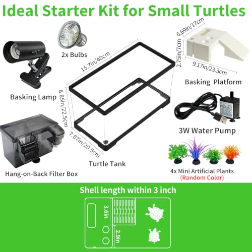 15.7in Turtle Tank Starter Kit with Basking Platform, Hang-on-Back Tank Filter, Adjustable Flow Pump & 360° Timer Basking Light, Bottom Drainage Reptile Aquarium for Small Turtles Aquatic Pets