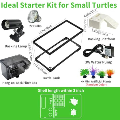 15.7in Turtle Tank Starter Kit with Basking Platform, Hang-on-Back Tank Filter, Adjustable Flow Pump & 360° Timer Basking Light, Bottom Drainage Reptile Aquarium for Small Turtles Aquatic Pets