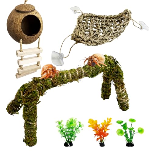 6 PCS Hermit Crab Accessories Large Bendable Moss Hermit Crab Climbing Toys Coconut Shell Hut with Ladder Climbing Hammock with Suction Cup Plants for Reptile Amphibian